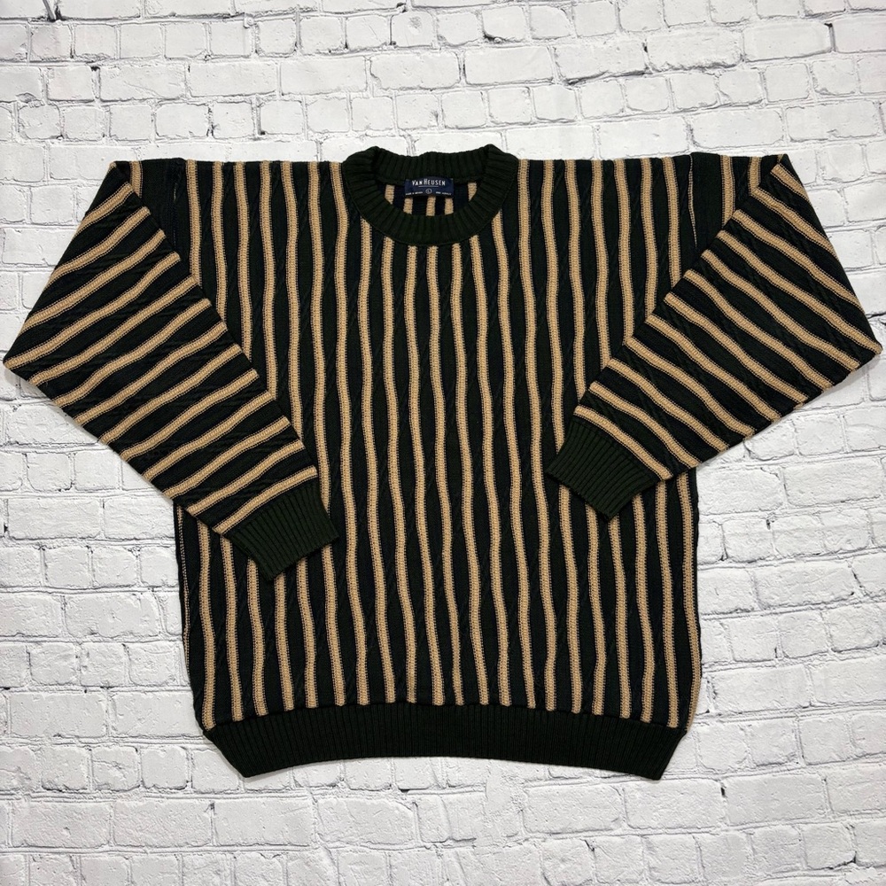 Vintage 90s Van Heusen Knit Acrylic Sweater Men’s Large Crewneck Grandpa Green